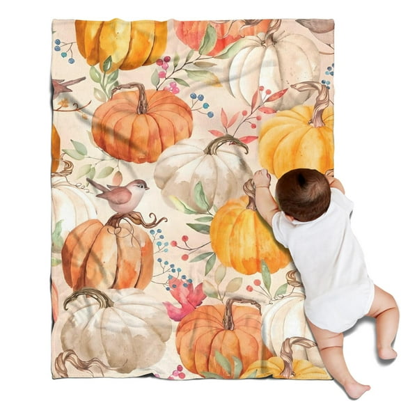 Fall Pumpkins and Birds Pattern Blanket,Comfortable Soft Flannel Throw Blanket,All Season,Warm Lightweight Blankets for Sofa Bed Couch Living Room Chair,30"x40"