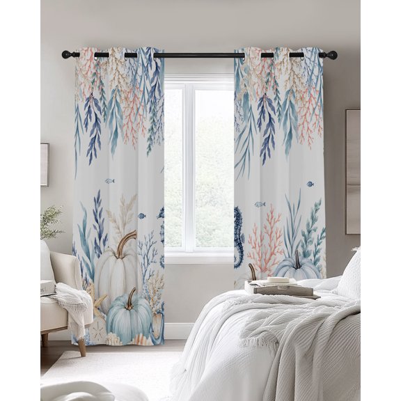 Fall Pumpkins Blackout Curtains 2 Panels, Nautical Harvest Ocean Seahorse Starfish Shell Leaf Thermal Insulated Grommet Window Curtains for Bedroom Living Room 42"x45"