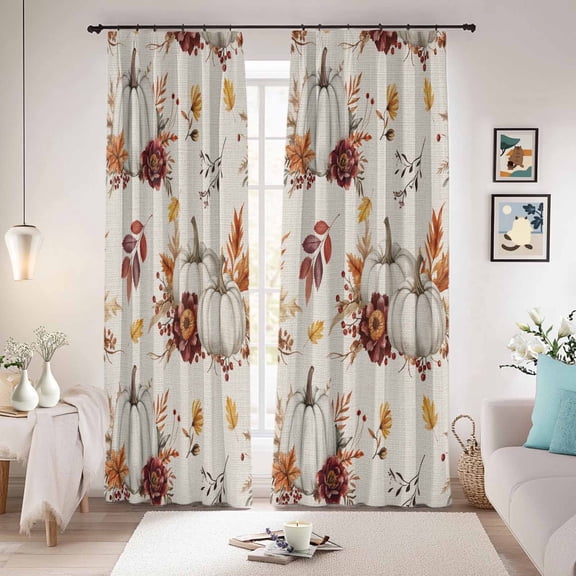Fall Pumpkins Blackout Curtains for Bedroom/Living Room, Pinch Pleated Black Out Curtains, Thanksgiving Botanical Maple Leaf Rustic Room Darkening Window Drapes with Hooks 2 Panels, 59"x70"