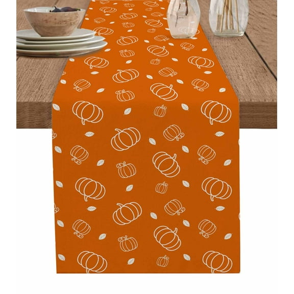 Fall Pumpkins Burlap Cotton Table Runner 13x90 Inches Long, Thanksgiving Orange Maple Leaf Pastoral Farmhouse Table Runners, Outdoor Dining Tablecloths Decor for Baby Shower/Party/Wedding