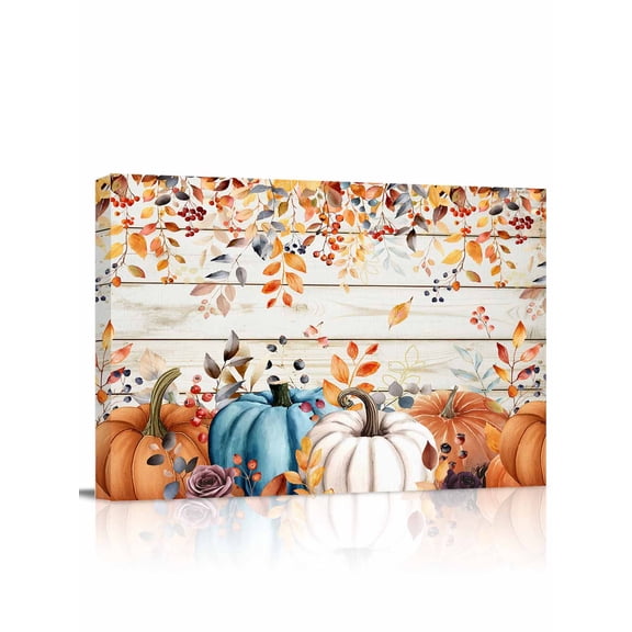 Fall Pumpkins Canvas Print Wall Art Framed Canvas Art Wall Decor Thanksgiving Orange Eucalyptus Leaf Watercolor Wood Pictures Painting Morden Artwork for Living Room Bedroom, Ready to Hang - 12"x16"