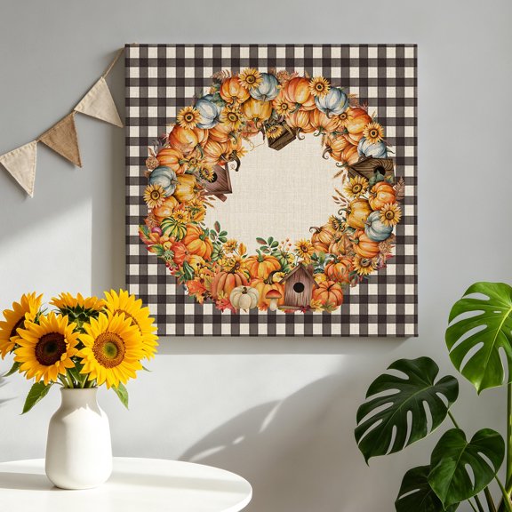 Fall Pumpkins Canvas Wall Art for Living Room, Sunflowers Leaf Chalet Autumn Retro Linen Plaid Poster Print Painting for Bedroom Office Home Decoration Wall Pictures Prepare To Hang 8"x8"