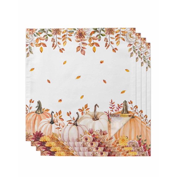 Fall Pumpkins Cloth Napkins Set of 4 Reusable Dinner Napkins, Thanksgiving Autumn Wildflowers Rustic Leaves Cocktail Napkin Washable Table Napkins for Wedding/Holiday Party/Baby Shower 20"x20"