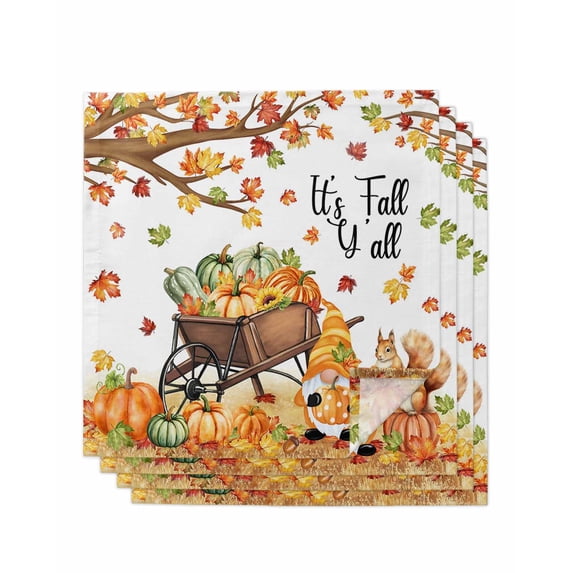Fall Pumpkins Cloth Napkins Set of 4 Reusable Dinner Napkins, Thanksgiving Gnomes Autumn Maple Country Rustic Cocktail Napkin Washable Table Napkins for Wedding/Holiday Party/Baby Shower 20"x20"