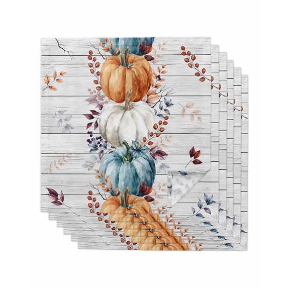 Fall Pumpkins Cloth Napkins Set of 6 Reusable Dinner Napkins, Thanksgiving Eucalyptus Leaves Grey Wood Cocktail Napkin Washable Table Napkins for Wedding/Holiday Party/Baby Shower 20"x20"