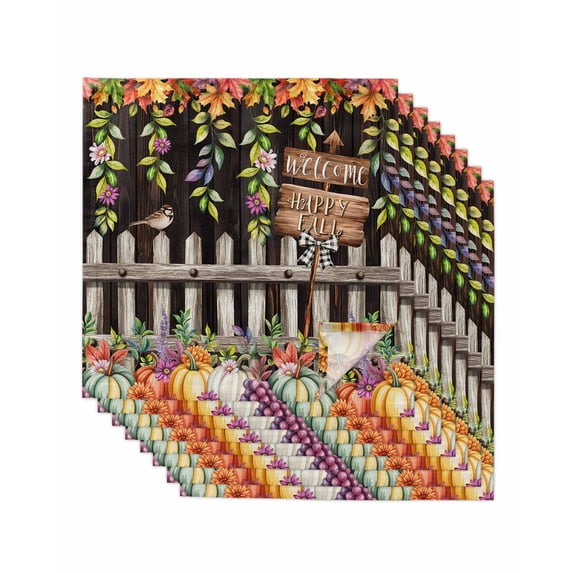 Fall Pumpkins Cloth Napkins Set of 8 Reusable Dinner Napkins, Autumn Leaves Thanksgiving Country Fence Cocktail Napkin Washable Table Napkins for Wedding/Holiday Party/Baby Shower 20"x20"