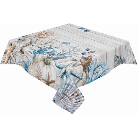 Fall Pumpkins Coastal Tablecloth Waterproof Tablecloths, Summer Fall Coral Wooden Table Cloth Dining Table Cover Cloth for Kitchen Party Outdoor Tabletop Decor, Square Tablecloth 52x52 Inch