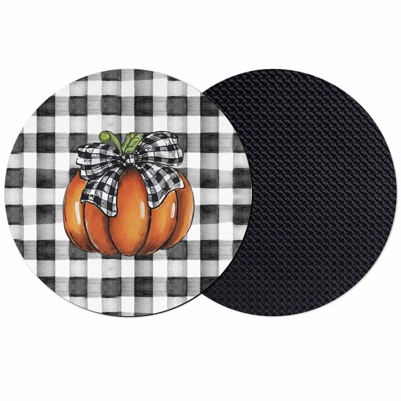 Fall Pumpkins Coasters Set of 2, Absorbent Coasters for Drinks, Black Checkered Check Bow Thanksgiving Coaster for Desk Coffee Table Protection, Home Decor House Warming Gifts 4"