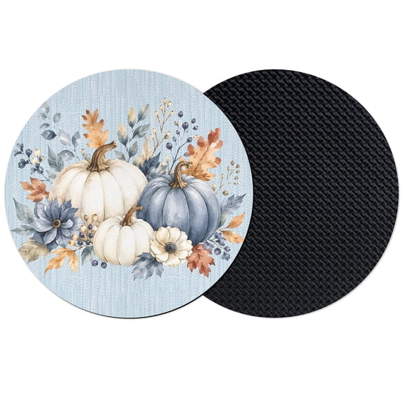 Fall Pumpkins Coasters Set of 2, Absorbent Coasters for Drinks, Thanksgiving Autumn Leaves Floral Vintage Blue Coaster for Desk Coffee Table Protection, Home Decor House Warming Gifts 4"