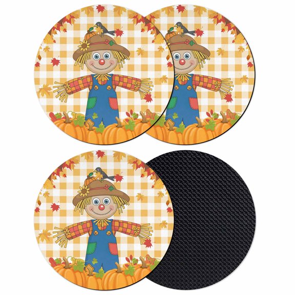 Fall Pumpkins Coasters Set of 4, Absorbent Coasters for Drinks, Straw Man Thanksgiving Leaves Orange Check Coaster for Desk Coffee Table Protection, Home Decor House Warming Gifts 4"