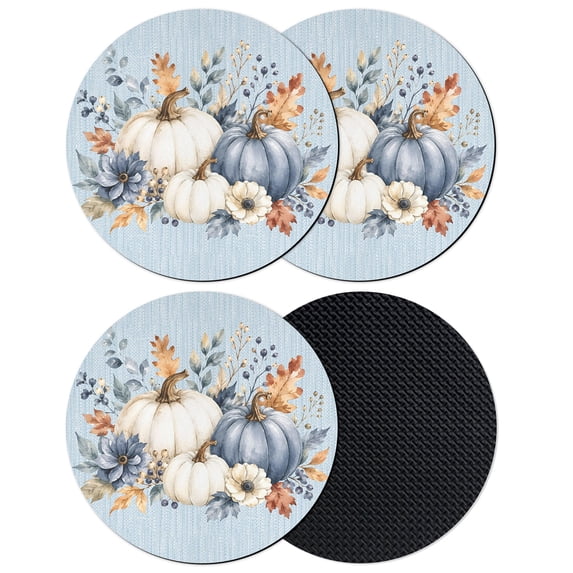 Fall Pumpkins Coasters Set of 4, Absorbent Coasters for Drinks, Thanksgiving Autumn Leaves Floral Vintage Blue Coaster for Desk Coffee Table Protection, Home Decor House Warming Gifts 4"
