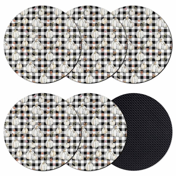 Fall Pumpkins Coasters Set of 6, Absorbent Coasters for Drinks, Thanksgiving Autumn Black White Plaid Coaster for Desk Coffee Table Protection, Home Decor House Warming Gifts 4"