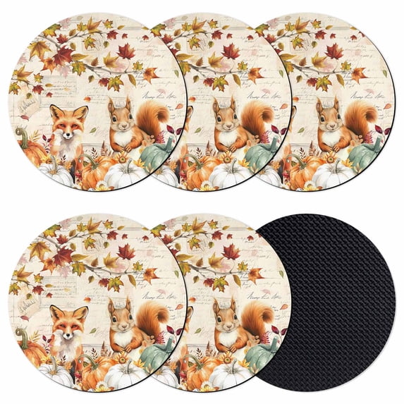 Fall Pumpkins Coasters Set of 6, Absorbent Coasters for Drinks, Thanksgiving Vintage Maple Leaf Fox Squirrel Coaster for Desk Coffee Table Protection, Home Decor House Warming Gifts 4"