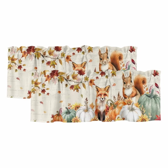 Fall Pumpkins Curtain Valances for Windows, Kitchen Valance Window Treatments Panel 2 Pack, Thanksgiving Farmhouse Maple Leaf Squirrel Rod Pocket Short Curtains for Bathroom Bedroom 60 x 18 Inch