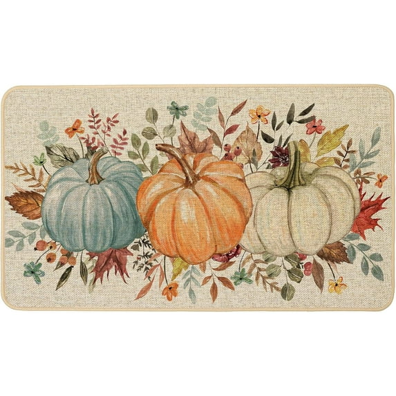 Fall Pumpkins Doormat Indoor Outdoor Outside Autumn Thaksgiving Floral Decorative Front Welcome Door Mat Non-Slip Rubber Backing Seasonal Kitchen Entrance Floor Decoration 17 x 29 Inch