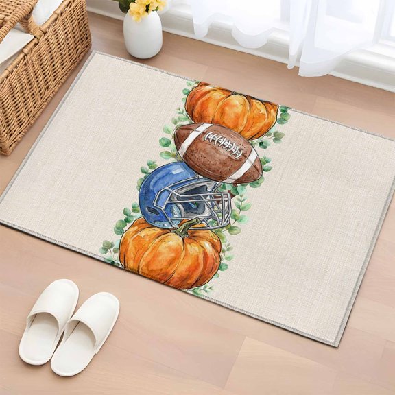Fall Pumpkins Entryway Rug 2'x3' Non Slip Front Door Mats, Autumn Football Baseball Eucalyptus Leaves Entrance Rugs Indoor Outdoor Carpet, Washable Floor Mats Small Area Rug for Bedroom Kitchen
