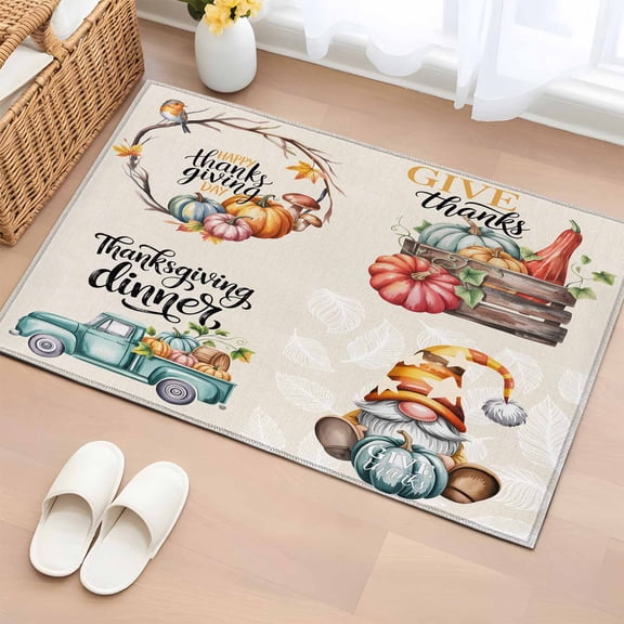 Fall Pumpkins Entryway Rug 2'x3' Non Slip Front Door Mats, Thanksgiving Autumn Gnomes Truck Leaf Entrance Rugs Indoor Outdoor Carpet, Washable Floor Mats Small Area Rug for Bedroom Kitchen