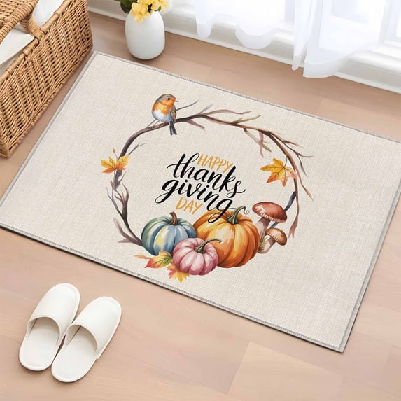 Fall Pumpkins Entryway Rug 2'x3' Non Slip Front Door Mats, Thanksgiving Watercolor Branch Maple Leaf Entrance Rugs Indoor Outdoor Carpet, Washable Floor Mats Small Area Rug for Bedroom Kitchen