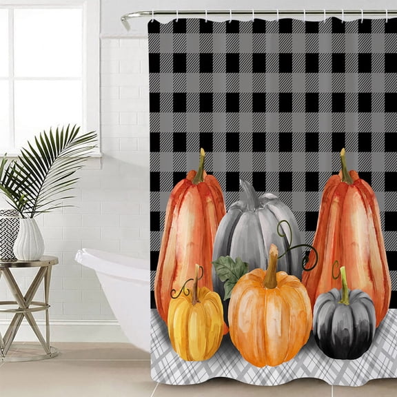Fall Pumpkins, Extra Long Shower Curtain Set, Waterproof Shower Curtains for Bathroom, Thanksgiving Autumn Grey Plaid Lattice Washable Fabric Cloth Bath Curtain for Bathtub with Hooks 72x96 Inches
