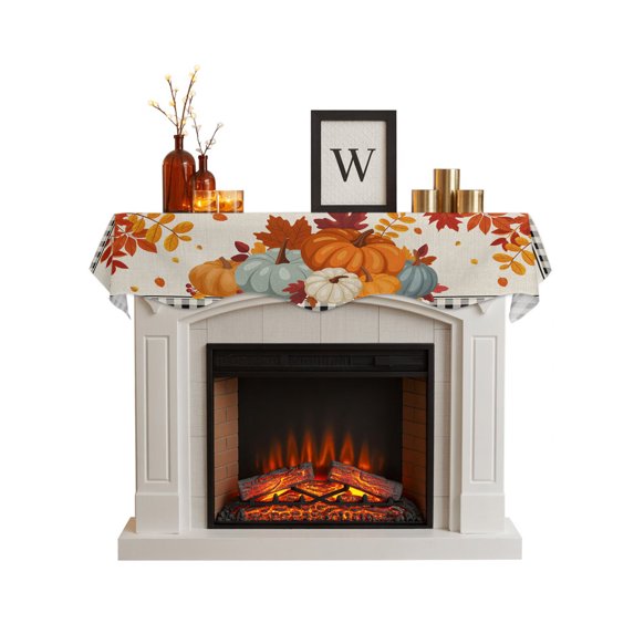 Fall Pumpkins Fireplace Mantel Scarf Cover 60"Wx17"L,Fireplace Mantel Shelf Top Runner,Thanksgiving Black Plaid Maple Leaf Mantle Dresser Scarves Table Runner for Holiday Party Living Room Decor
