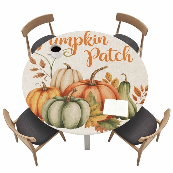 Fall Pumpkins Fitted Tablecloth with Elastic Edged, Round Table Cloth for Dining Table, Thanksgiving Vintage Country Harvest Leaf Waterproof Oil Proof Table Cover for Indoor Outdoor 36"-44"