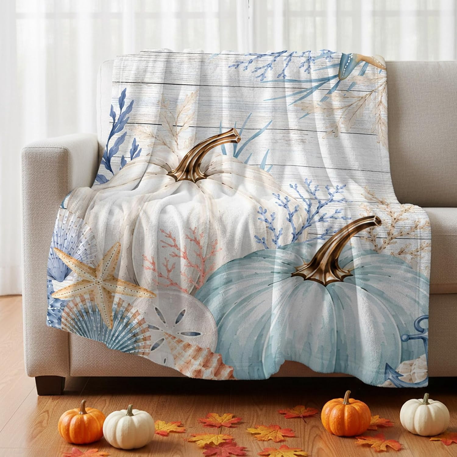 Fall Anchor Fall Pumpkins Fleece Blanket, Harvest Sea Starfish Shell Coral Leaf ...