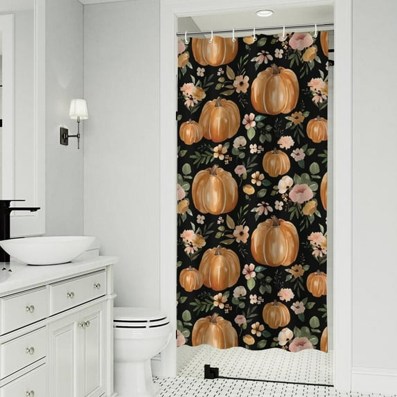 Fall Pumpkins and Flowers Pattern Shower Curtain 36"x72" ,Bathroom Decorative Shower Curtains Set with 12 Hooks,Modern Waterproof Washable Shower Curtain