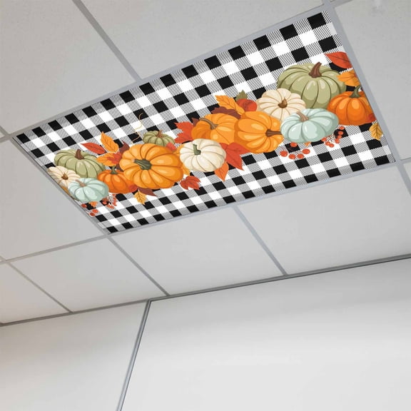Fall Pumpkins Fluorescent Light Covers, Thanksgiving Maple Autumn Leaf Farmhouse Plaid Magnetic Light Covers for Ceiling Lights, Fluorescent Ceiling Shade for Classroom Bedroom Office 4x2Ft x 1PCS