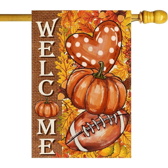 Fall Pumpkins Football Love Heart Maple Leaves House Flag Large 28X40 Inch Autumn Big Vertical Double Sided Outside Yard Outdoor Outside Holiday Decoration