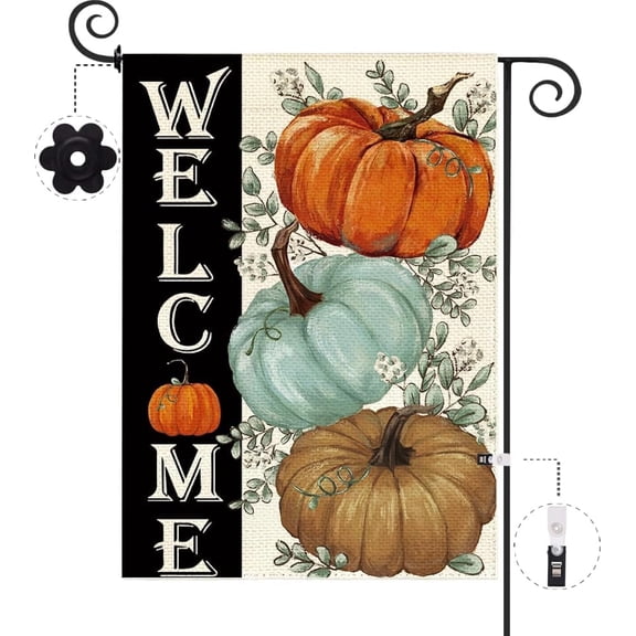 Fall Pumpkins Garden Flag 12.5 x 18 Inch Double Sided Harvest Autumn Eucalyptus Leaves Welcome Thanksgiving Holiday Small Burlap Flag Seasonal Outside Patio Outdoor Decoration