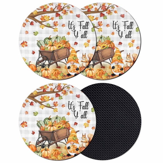 Fall Pumpkins Gnomes Coasters Set of 4, Absorbent Coasters for Drinks, Thanksgiving Maple Leaves Farmhouse Plaid Coaster for Desk Coffee Table Protection, Home Decor House Warming Gifts 4"