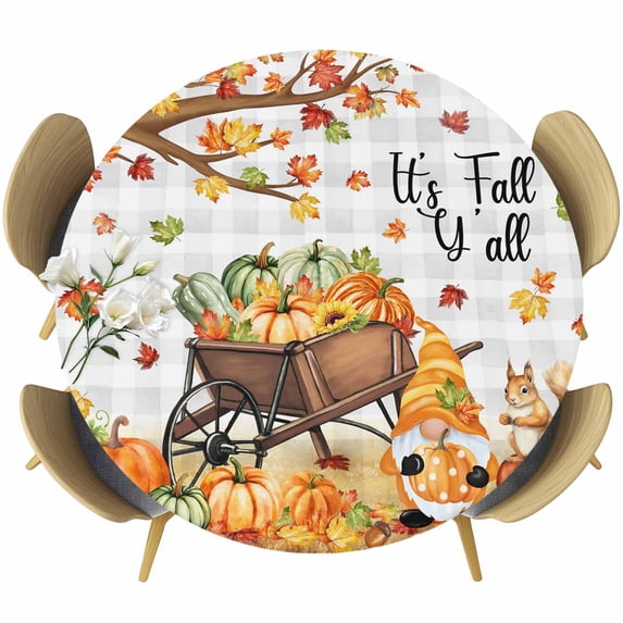 Fall Pumpkins Gnomes Round Tablecloth, Fitted Table Cover with Elastic for 55"-60" Round Tables, Thanksgiving Maple Leaves Farmhouse Plaid Table Cloth Outdoor Dinning Party Waterproof Tablecloths