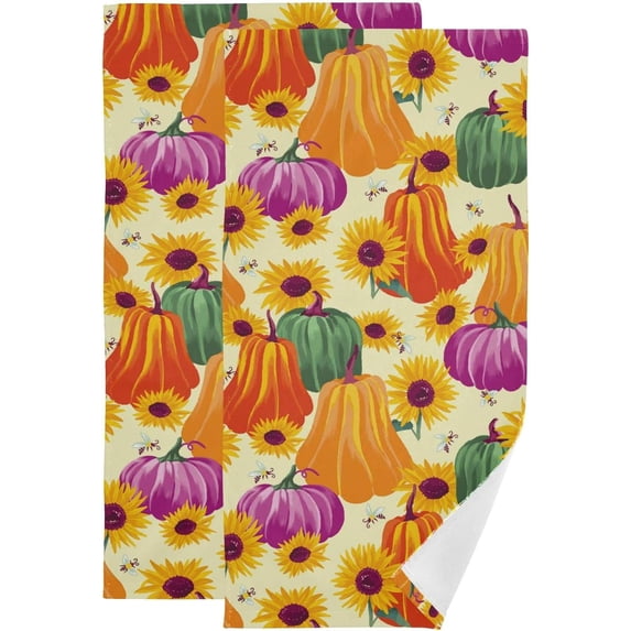 Fall Pumpkins Hand Towels for Bathroom, Autumn Sunflower Flowers Bee Watercolor Kitchen Towel 2 PCS Ultra Soft and Highly Absorbent Decorative Fingertip Face Bath Towels for Spa & Hotel, 28.3"x 14.4"