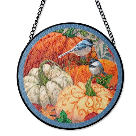 Fall Pumpkins Harvest Stained Glass Style Suncatcher, UV Printed Glass, Autumn Thanksgiving Home Decor, Round