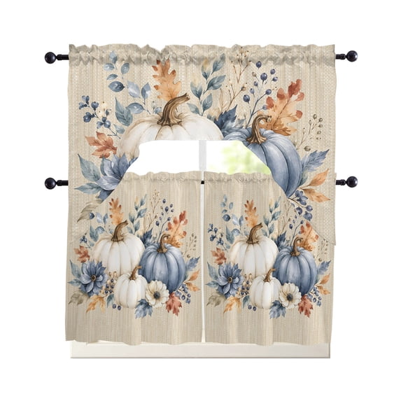 Fall Pumpkins Kitchen Curtains Set for Windows 3 Piece Cafe Curtains 24 Inch Length Swag Curtains Valances and Tier Set Thanksgiving Autumn Leaves Floral Retro Beige Drapes for Bedroom Bathroom