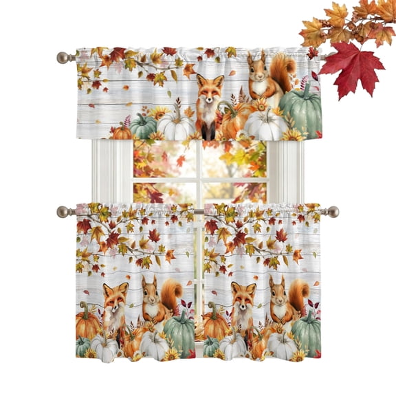 Fall Pumpkins Kitchen Curtains Sets 36 Inch Length Tier Curtain, Thanksgiving Maple Leaf Fox Squirrel Rod Pocket Window Treatments, Window Valance Curtains for Bathroom/Bedroom/Cafe 3 Panels