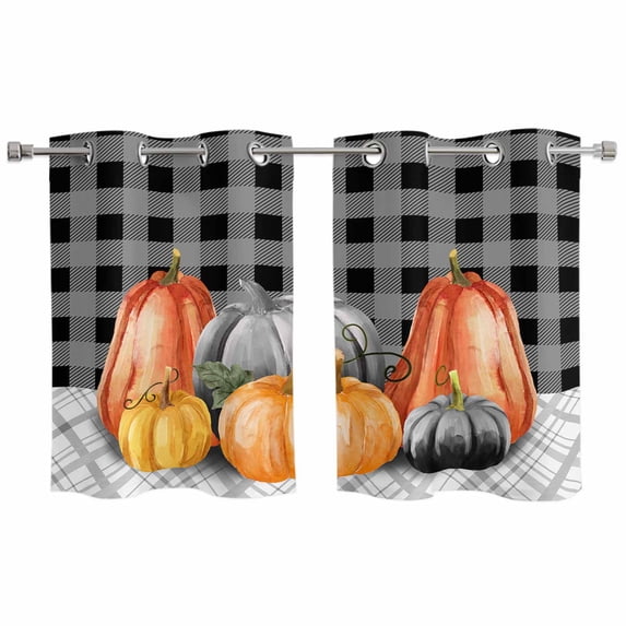 Fall Pumpkins Kitchen Curtains Small Short 39 Inch Length, Thanksgiving Autumn Grey Plaid Lattice Grommet Top Bedroom Living Room Curtains, Light Filtering Cafe Curtain Drapes 2 Panels Set 55''x39''