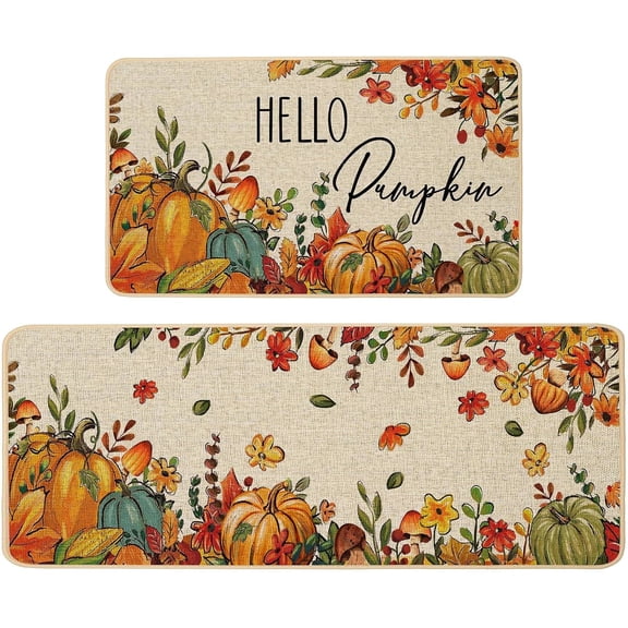 Fall Pumpkins Kitchen Mats Set of 2, Autumn Pumpkins Floral Leaves Low-Profile Non Slip Absorbent Kitchen Mat Rugs for Floor Farmhouse Thanksgiving Home Decor 17x29 and 17x47 Inch