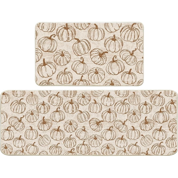 Fall Pumpkins Kitchen Rugs and Mats Set of 2, Farmhouse Kitchen Decor Anti-Fatigue Mats for Floor Decorations for Home, Fall Pumpkins Line Rug Washable Home 17"x27"+17"x47"