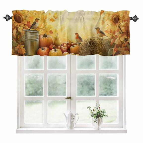 Fall Pumpkins Kitchen Valances for Windows 42x12 Inch Kitchen Curtains Valances Rod Pocket Thanksgiving Maple Leaf Birds Orange Bathroom Window Valances for Window Treatment Decor