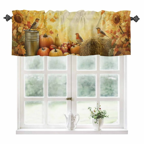 Fall Pumpkins Kitchen Valances for Windows 60x18 Inch Kitchen Curtains Valances Rod Pocket Thanksgiving Maple Leaf Birds Orange Bathroom Window Valances for Window Treatment Decor