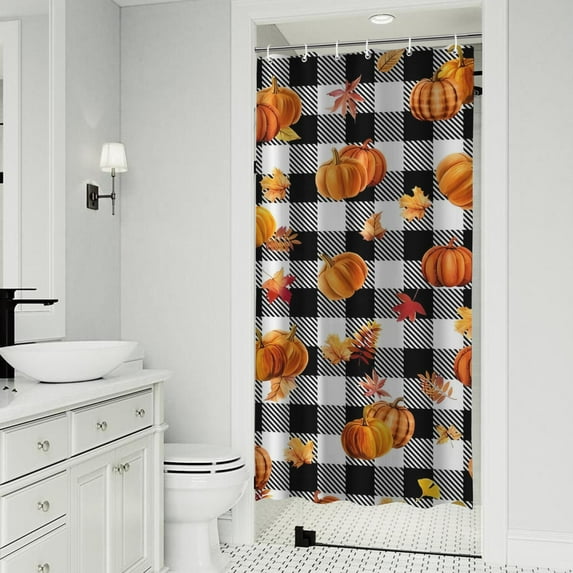 Fall Pumpkins and Leaves Buffalo Plaid Shower Curtain 36"x72" ,Bathroom Decorative Shower Curtains Set with 12 Hooks,Modern Waterproof Washable Shower Curtain