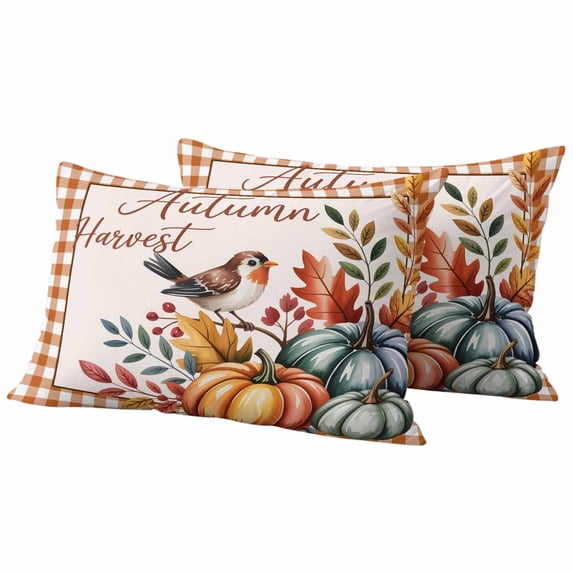 Fall Pumpkins Leaves Outdoor Waterproof Pillow Covers, Thanksgiving Autumn Tits Rustic Plaid Decorative Rectangle Throw Pillowcase Sofa Cushion Sham for Patio/Couch/Chair, 20"x12" 2 Pack