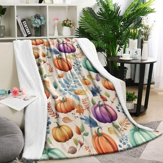 Fall Pumpkins and Leaves Pattern Blanket,Comfortable Soft Flannel Throw Blanket,All Season,Warm Lightweight Blankets for Sofa Bed Couch Living Room Chair,60"x80"