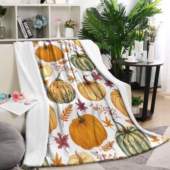 Fall Pumpkins Leaves Pattern Blanket,Comfortable Soft Lamb Wool Throw Blanket,All Season,Warm Lightweight Blankets for Sofa Bed Couch Living Room Chair,60"x80"
