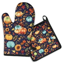 Fall Pumpkins Leaves Pattern Kitchen Oven Mitt and Pot Holder Sets 2 Pcs for Baking, Cooking and Grilling, Heat Resistant Up To 392 °F