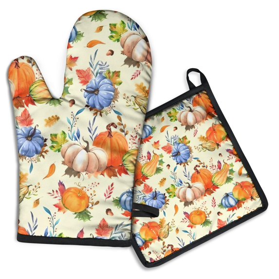Fall Pumpkins Leaves Pattern Kitchen Oven Mitt and Pot Holder Sets 2 Pcs for Baking, Cooking and Grilling, Heat Resistant Up To 392 °F
