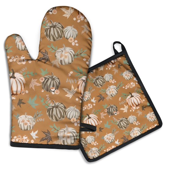Fall Pumpkins Leaves Pattern Kitchen Oven Mitt and Pot Holder Sets 2 Pcs for Baking, Cooking and Grilling, Heat Resistant Up To 392 °F