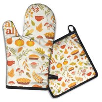 Fall Pumpkins Leaves Pattern Kitchen Oven Mitt and Pot Holder Sets 2 Pcs for Baking, Cooking and Grilling, Heat Resistant Up To 392 °F