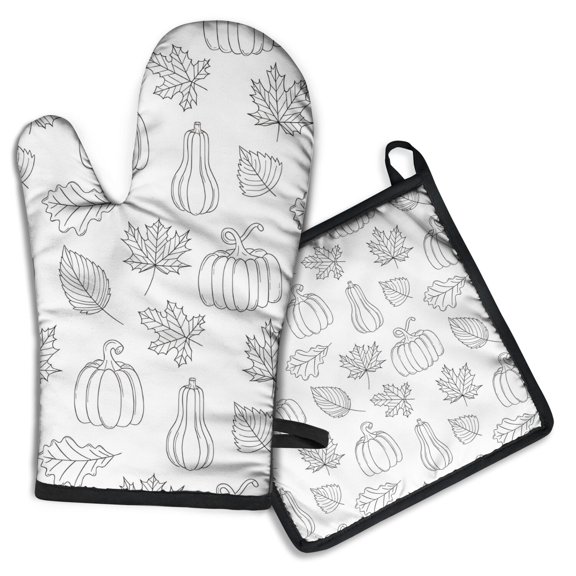 Fall Pumpkins Leaves Pattern Kitchen Oven Mitt and Pot Holder Sets 2 Pcs for Baking, Cooking and Grilling, Heat Resistant Up To 392 °F